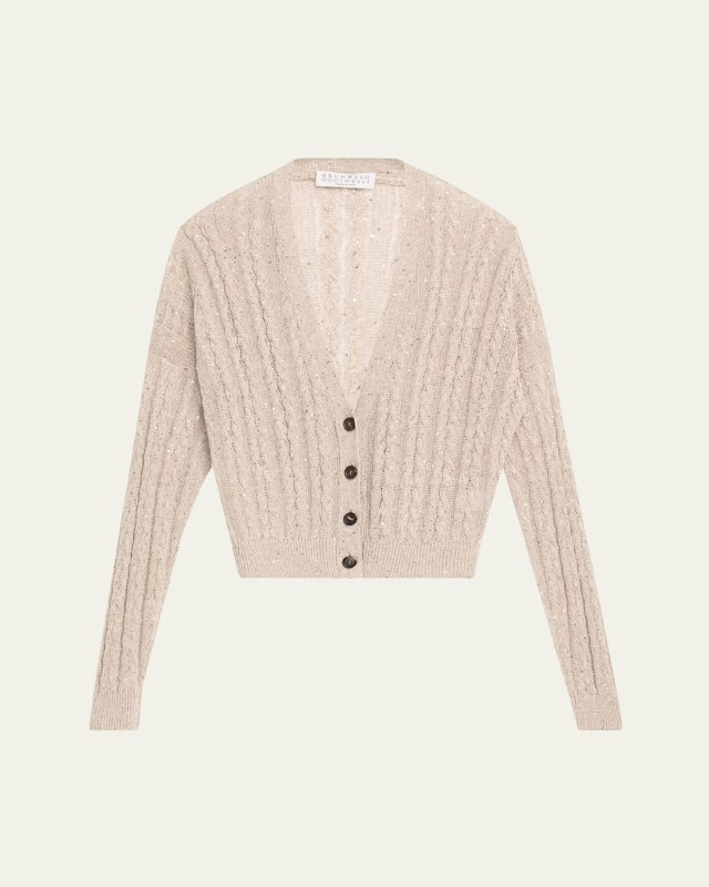 Linen Paillettes Cable-Knit Cardigan